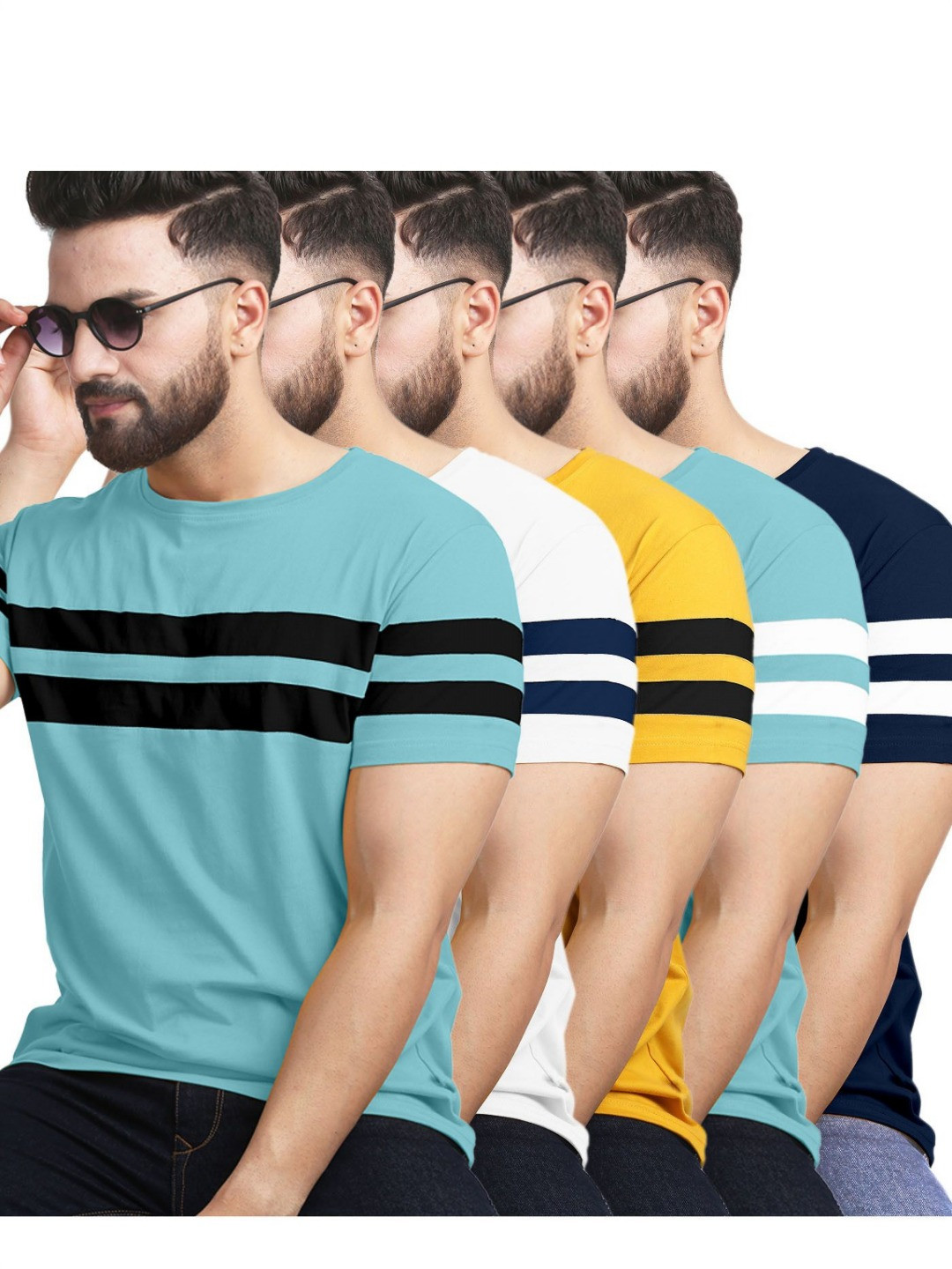 

AUSK Pack of 5 Striped Half Sleeve Round Neck Tshirt, Navy blue