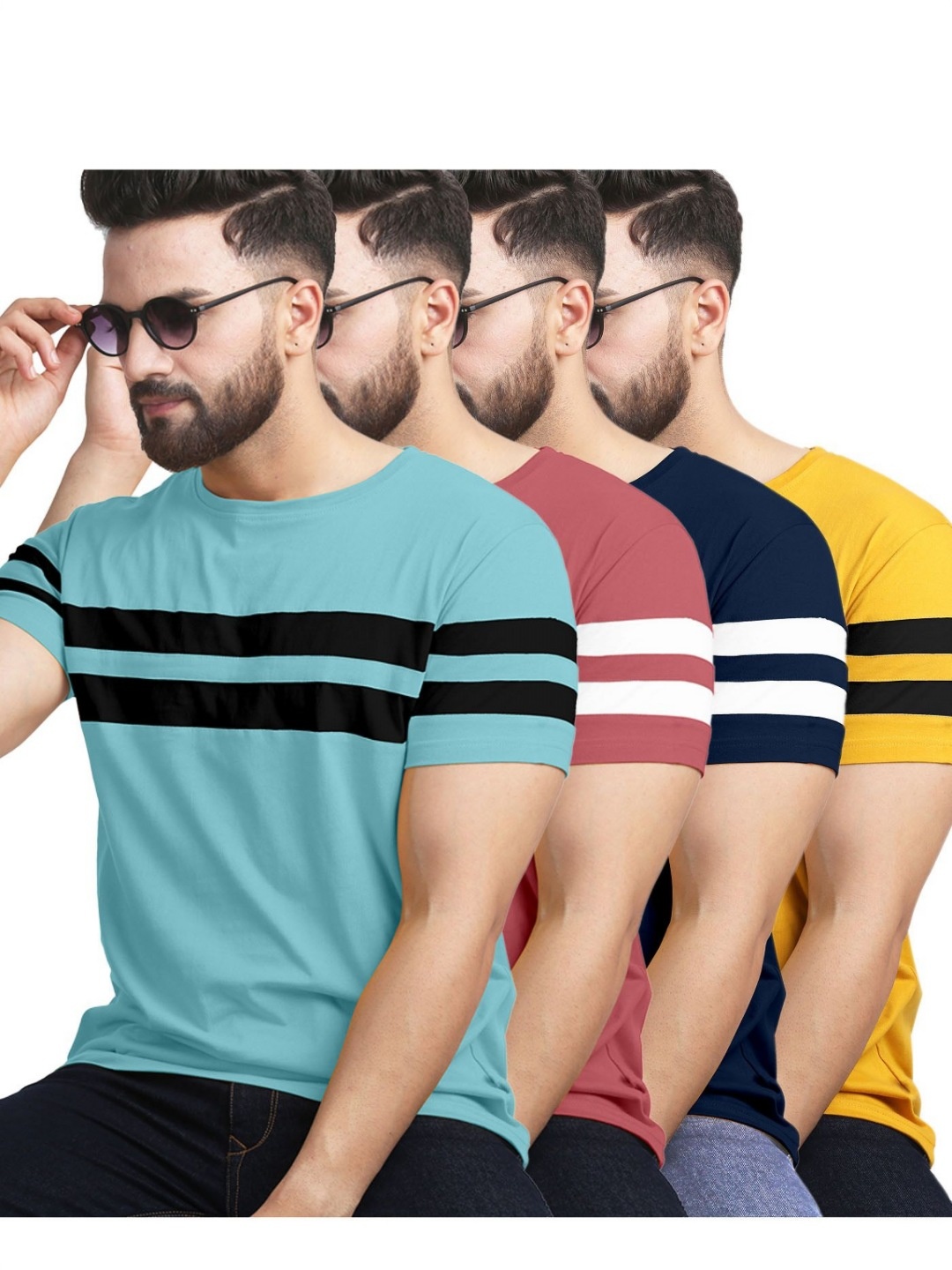 

AUSK Pack of 5 Striped Half Sleeve Round Neck Tshirt, Mustard