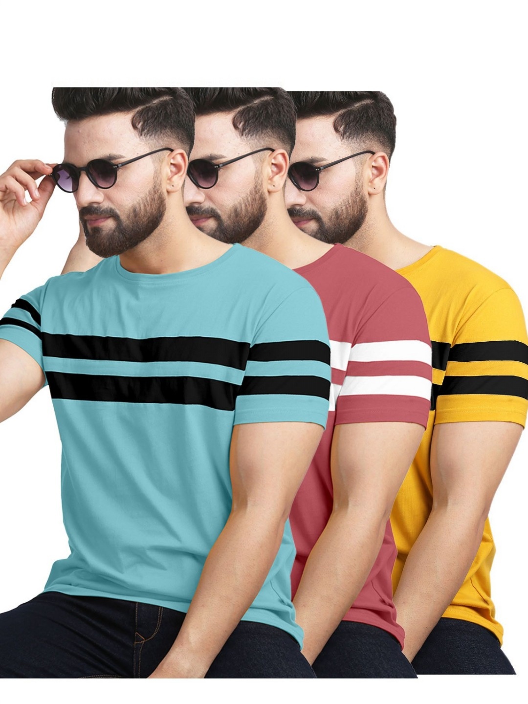 

AUSK Pack of 3 Striped Half Sleeve Round Neck Tshirt, Sea green