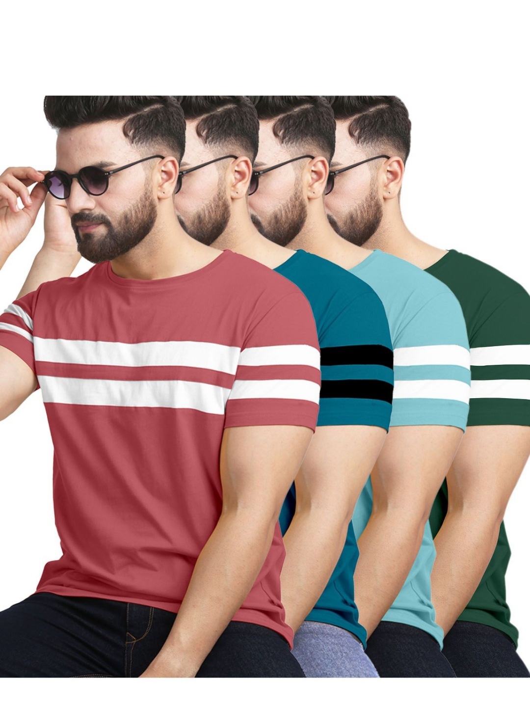 

AUSK Pack of 4 Striped Half Sleeve Round Neck Tshirt, Sea green