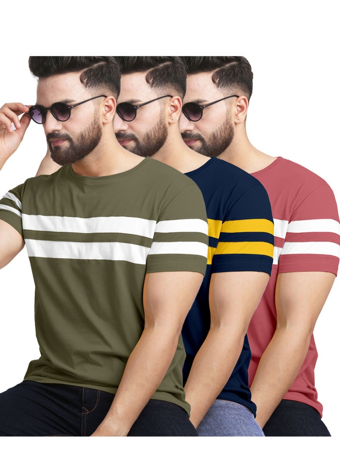 

AUSK Pack of 3 Striped Half Sleeve Round Neck Tshirt, Olive