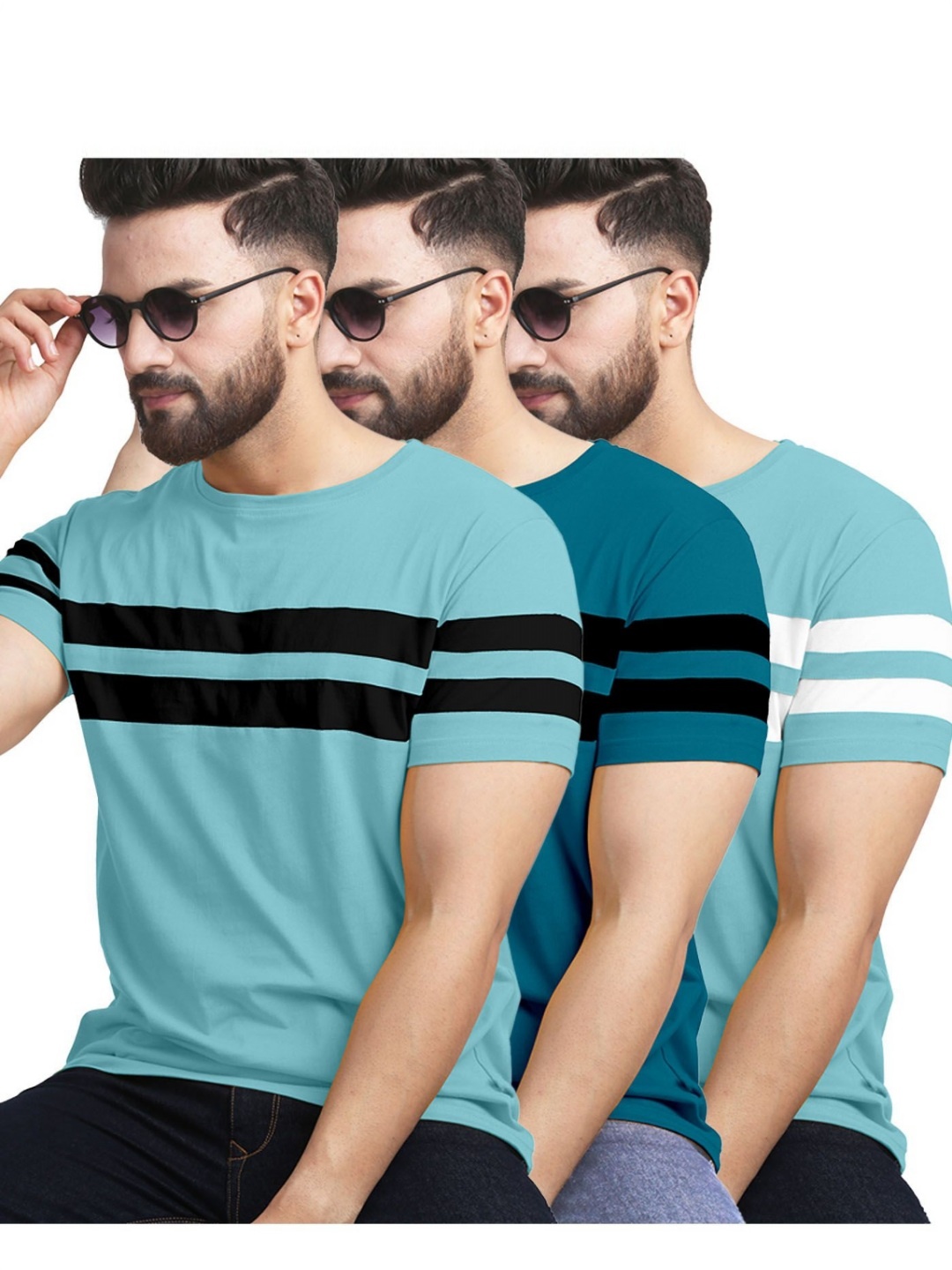 

AUSK Pack of 3 Striped Half Sleeve Round Neck Tshirt, Multi