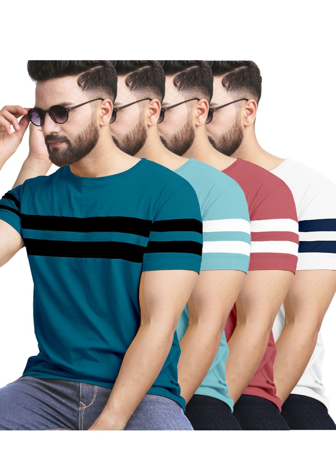 

AUSK Pack of 3 Striped Half Sleeve Round Neck Tshirt, White