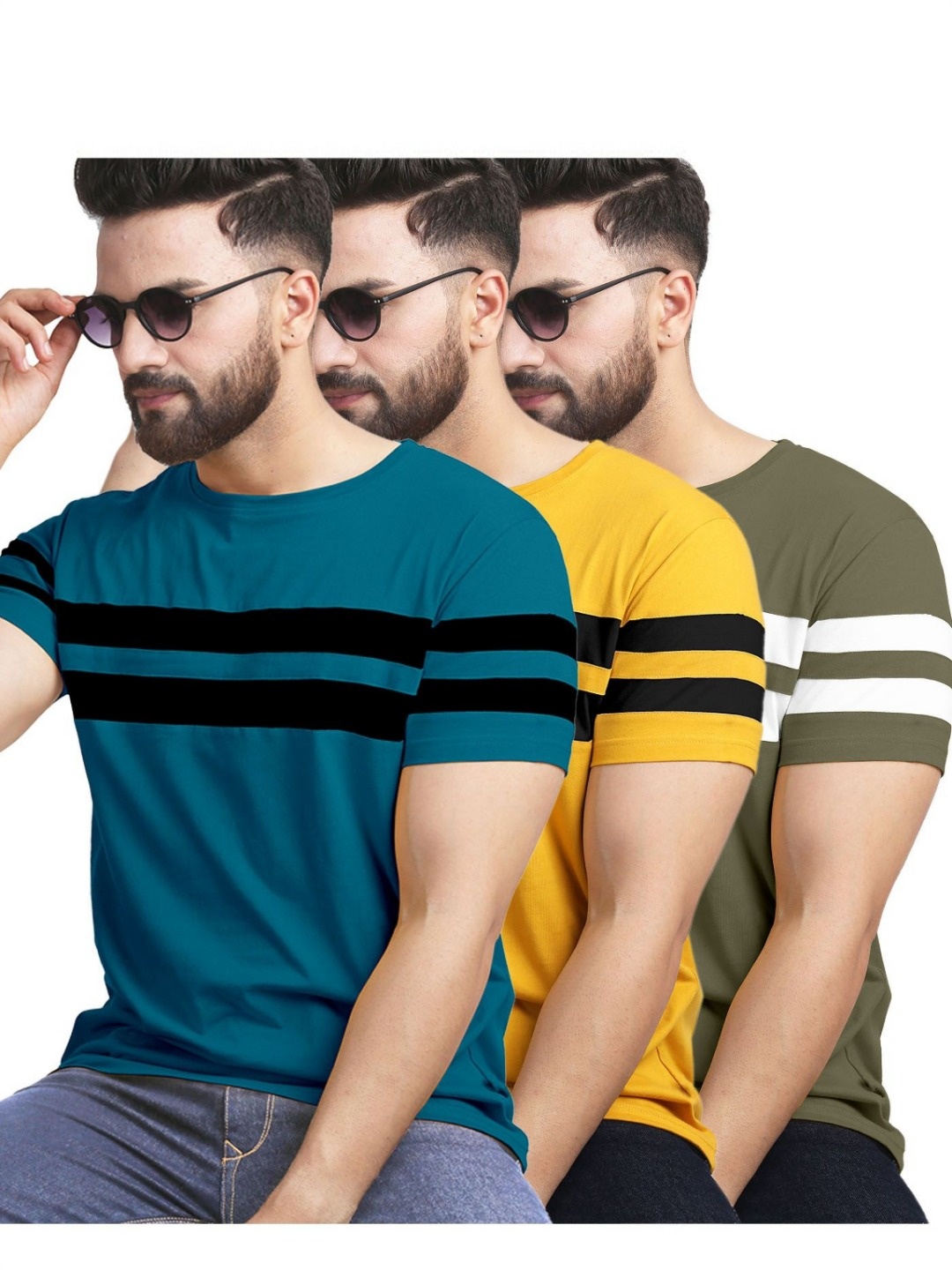 

AUSK Pack of 3 Striped Half Sleeve Round Neck Tshirt, Mustard