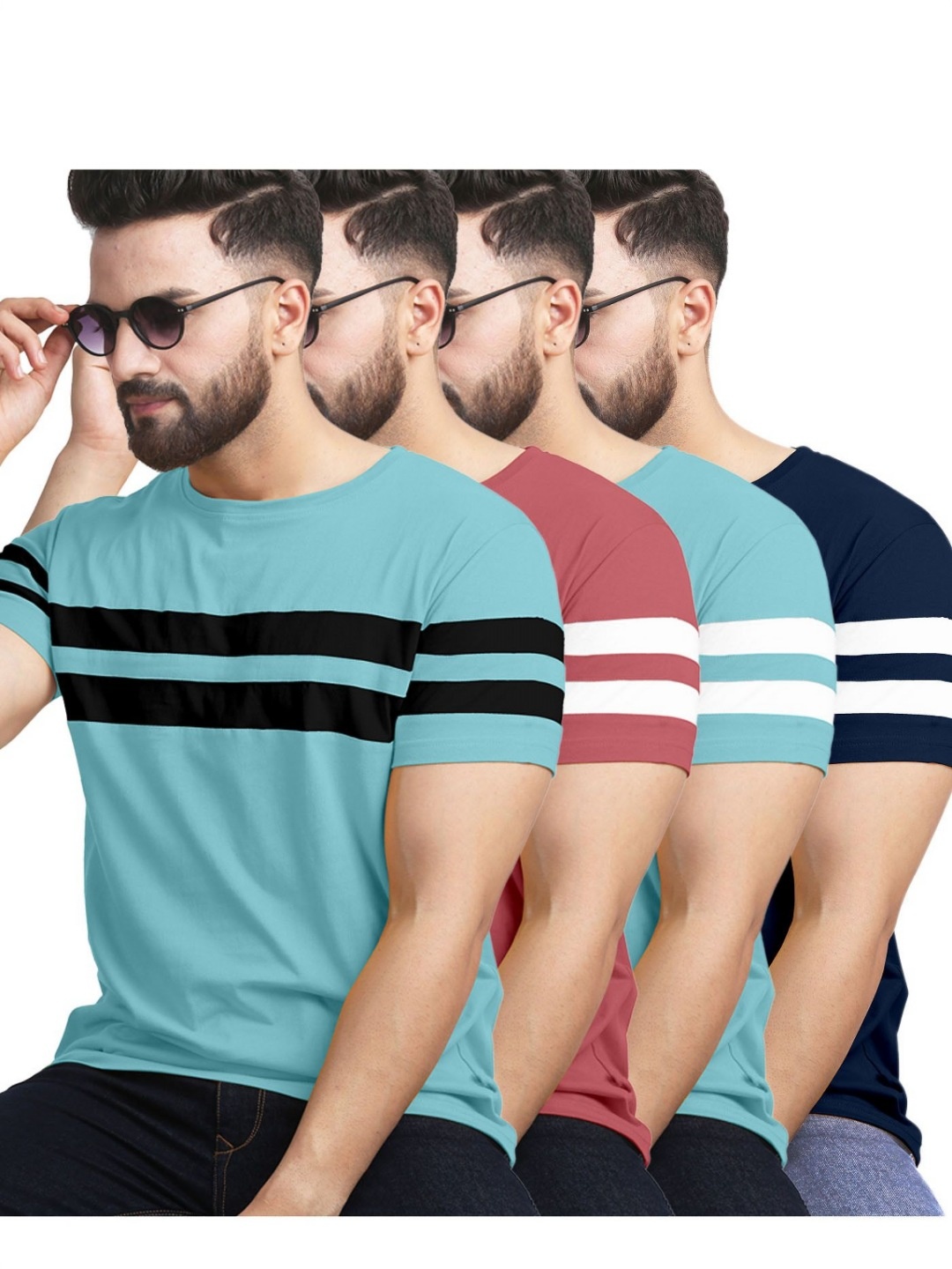 

AUSK Pack of 3 Striped Half Sleeve Round Neck Tshirt, Navy blue