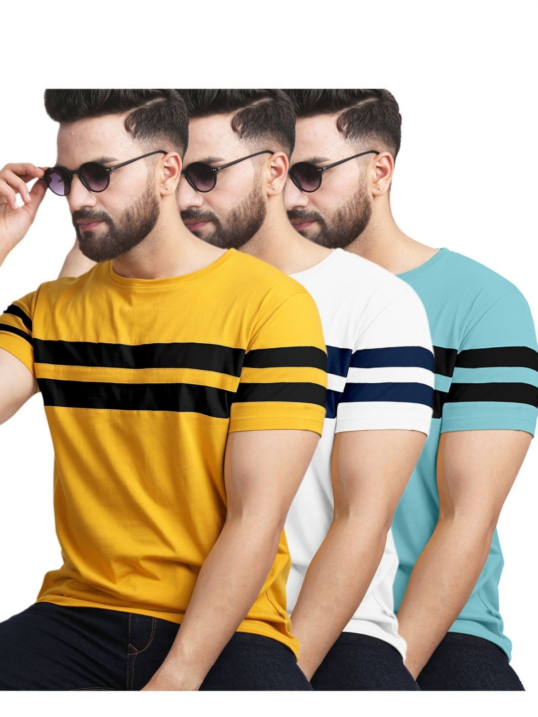 

AUSK Pack of 3 Striped Half Sleeve Round Neck Tshirt, White