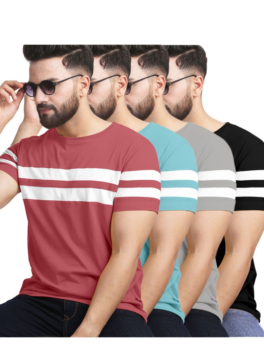 

AUSK Pack of 4 Striped Half Sleeve Round Neck Tshirt, Black