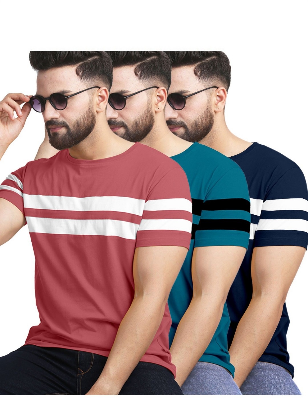 

AUSK Pack of 3 Striped Half Sleeve Round Neck Tshirt, Teal