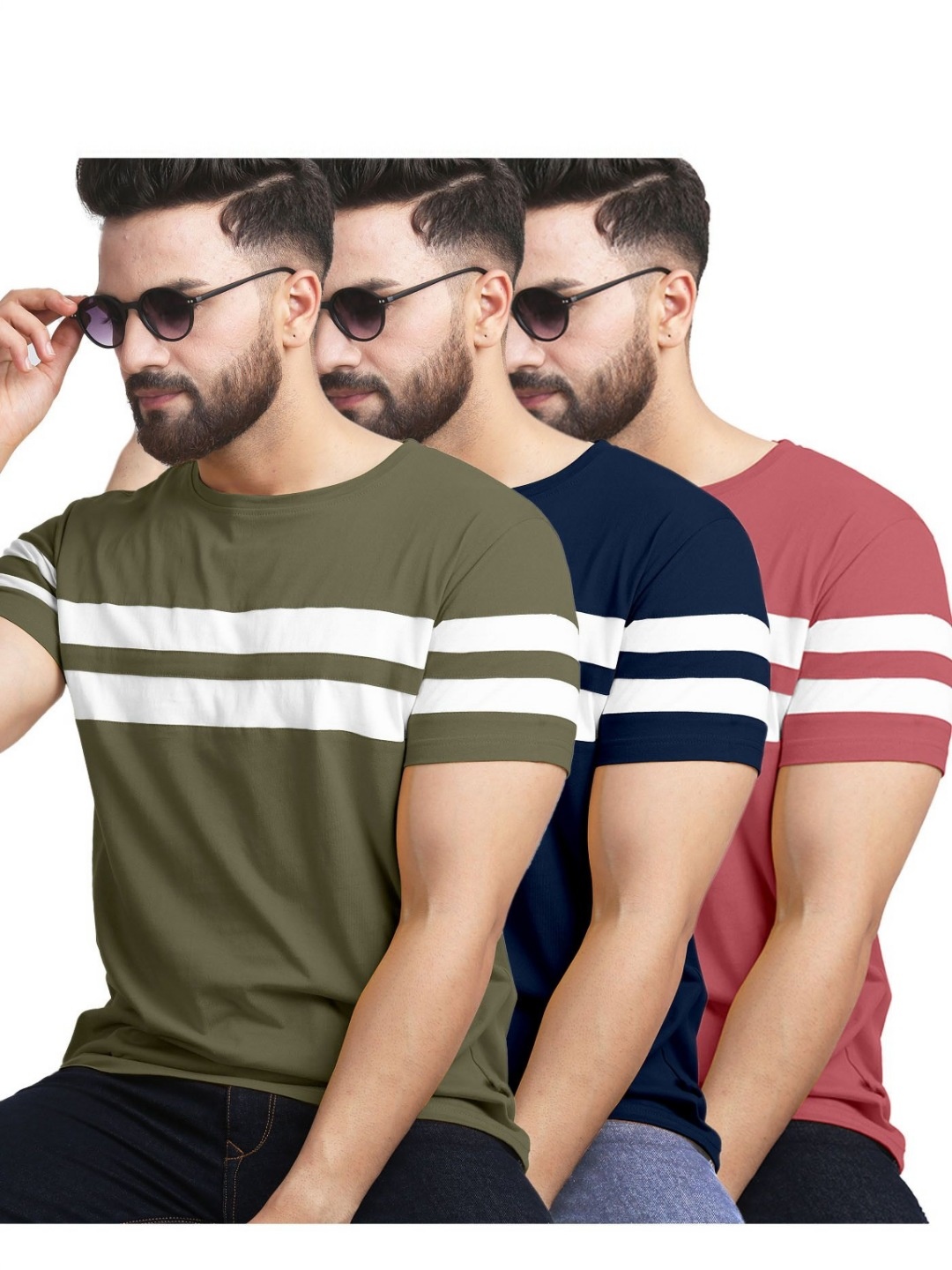 

AUSK Pack of 3 Striped Half Sleeve Round Neck Tshirt, Navy blue