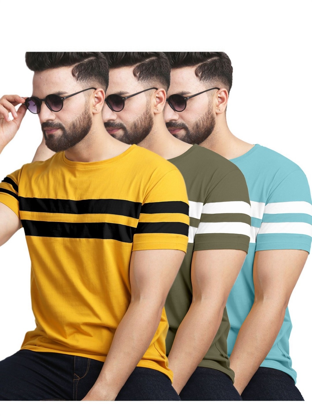 

AUSK Pack of 3 Striped Half Sleeve Round Neck Tshirt, Mustard