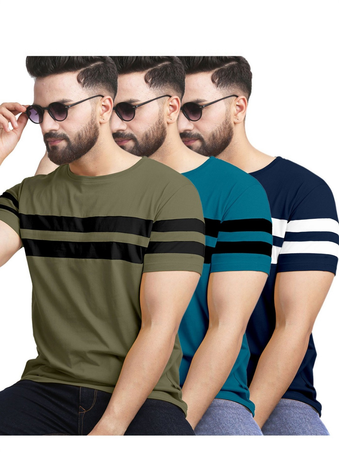 

AUSK Pack of 3 Striped Half Sleeve Round Neck Tshirt, Navy blue