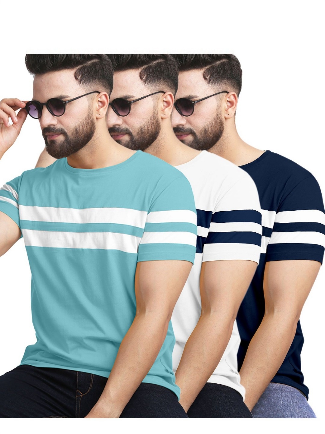 

AUSK Pack of 3 Striped Half Sleeve Round Neck Tshirt, Navy blue