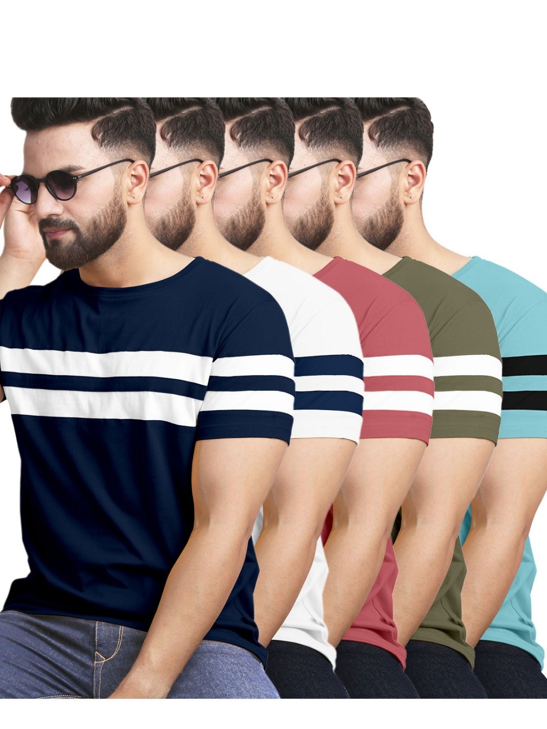 

AUSK Pack of 5 Striped Half Sleeve Round Neck Tshirt, White