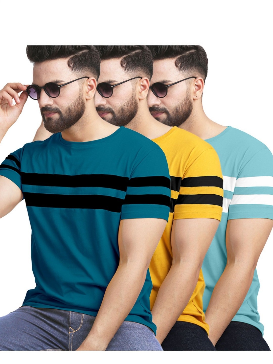 

AUSK Pack of 3 Striped Half Sleeve Round Neck Tshirt, Multi