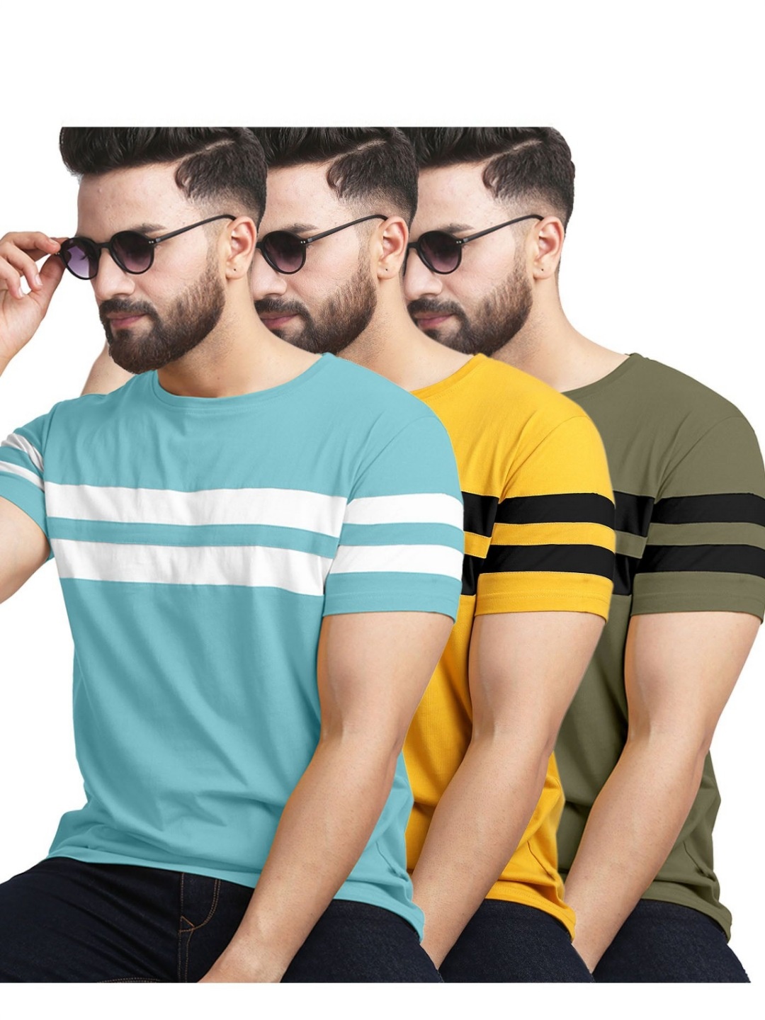 

AUSK Pack of 3 Striped Half Sleeve Round Neck Tshirt, Green