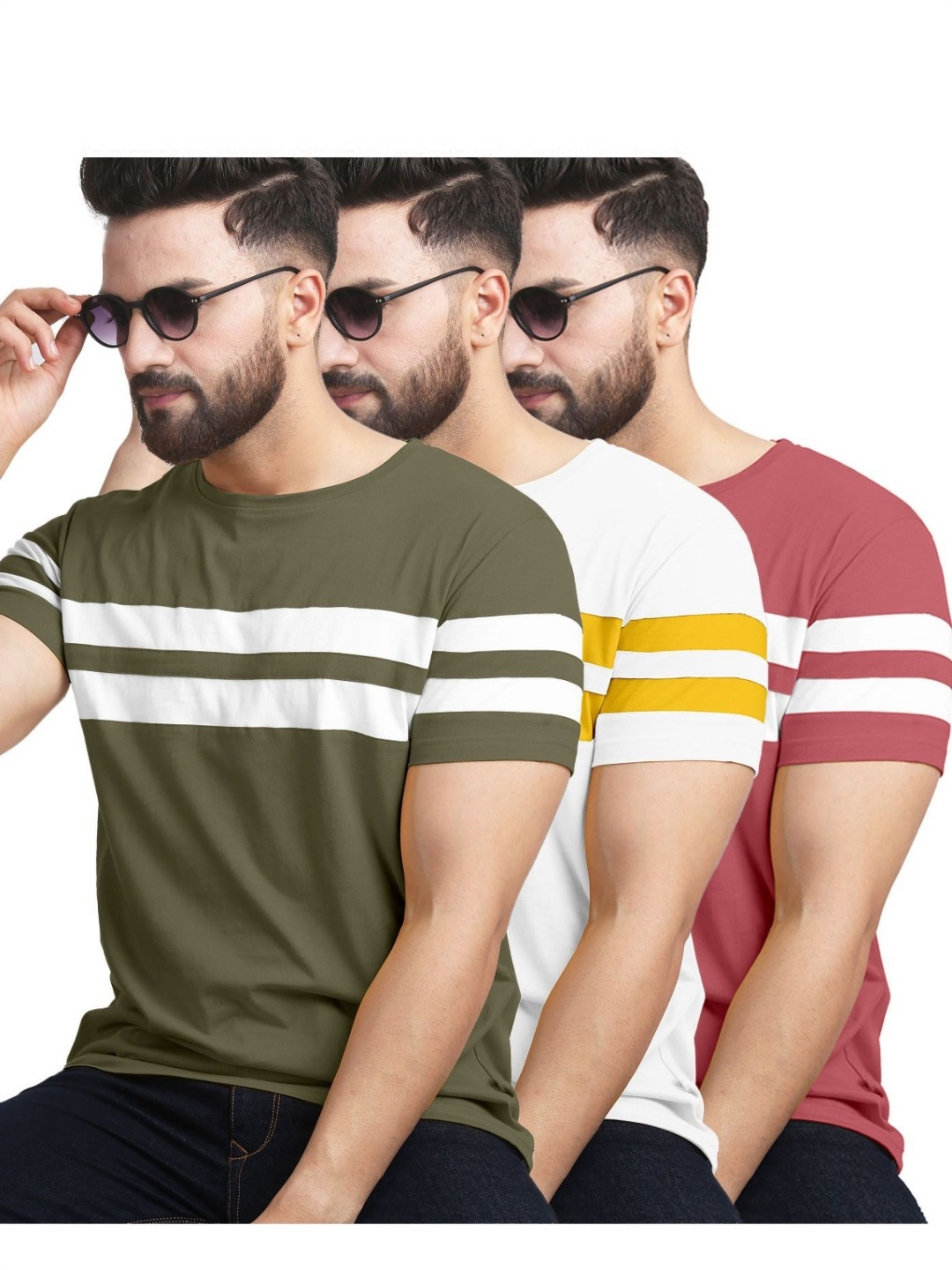 

AUSK Pack of 3 Striped Half Sleeve Round Neck Tshirt, White