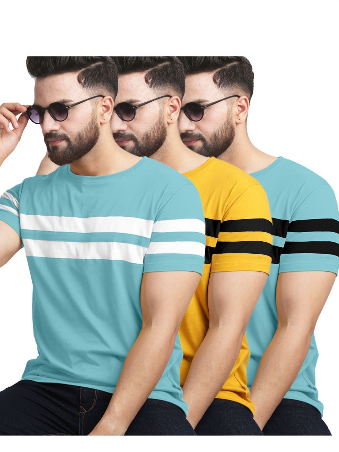 

AUSK Pack of 3 Striped Half Sleeve Round Neck Tshirt, Mustard