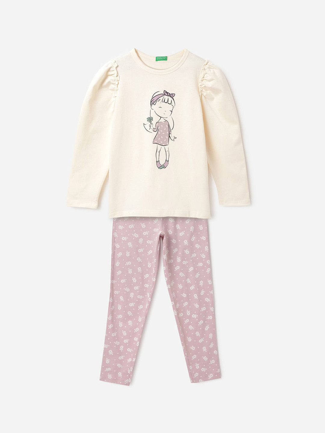 

United Colors of Benetton Girls Printed Night suit, Cream
