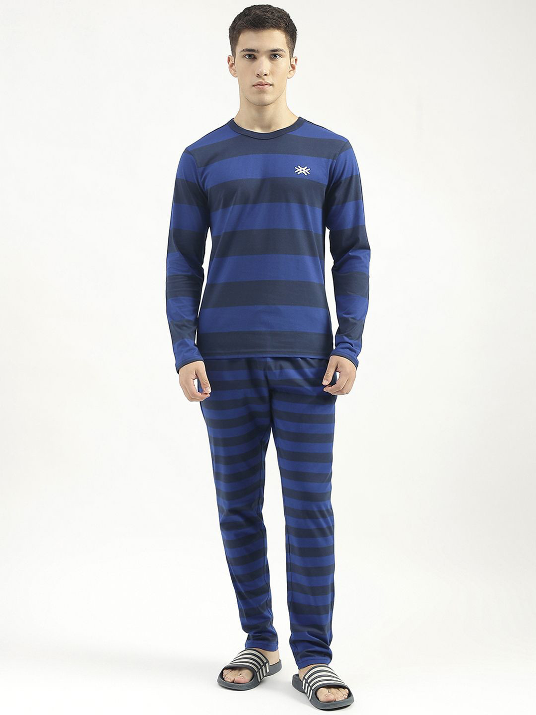 

United Colors of Benetton Striped Pure Cotton T-Shirt & Trouser Co-Ords, Blue