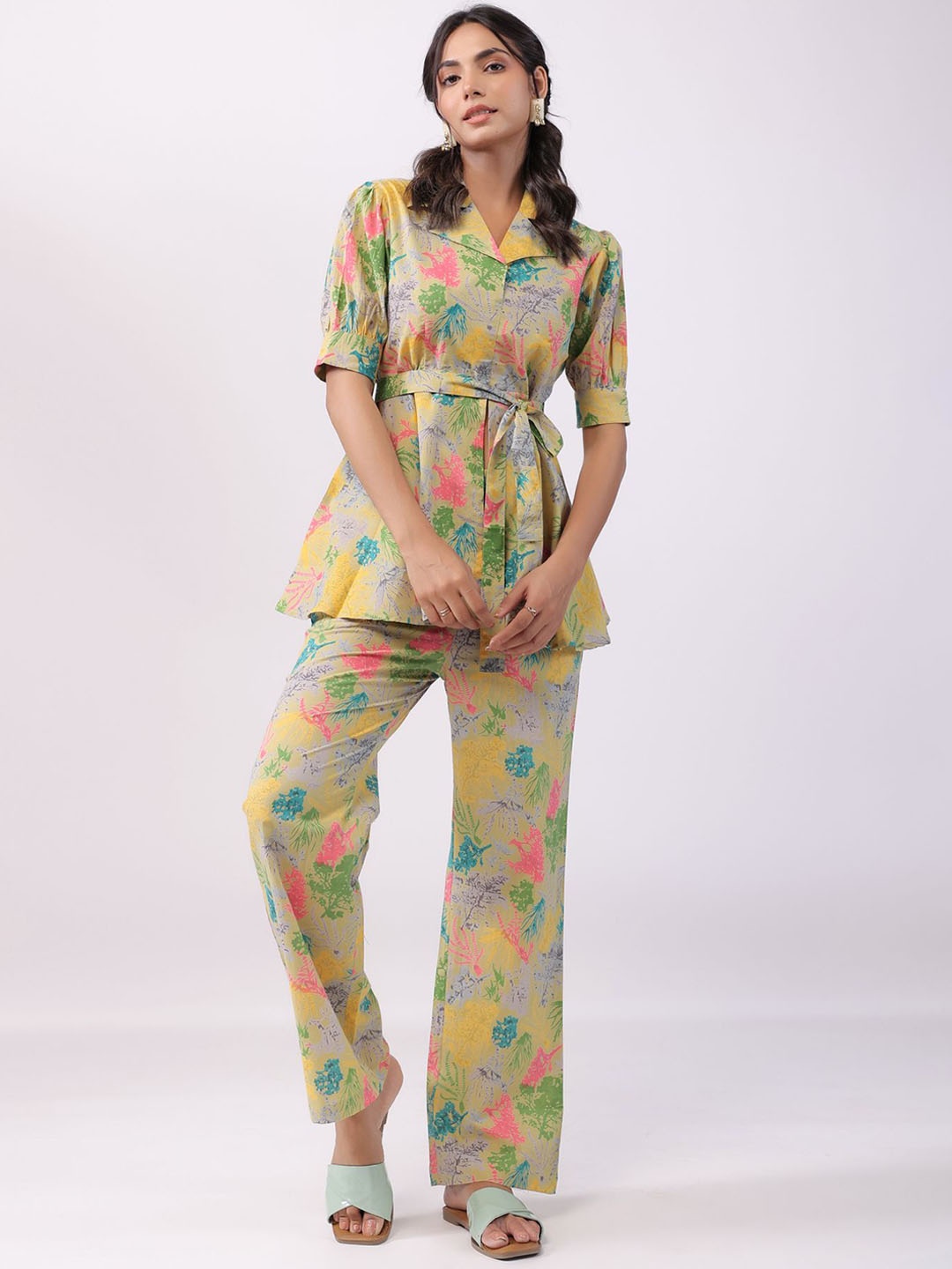 

JISORA Printed Pure Cotton Tunic With Trousers Co-Ords, Green