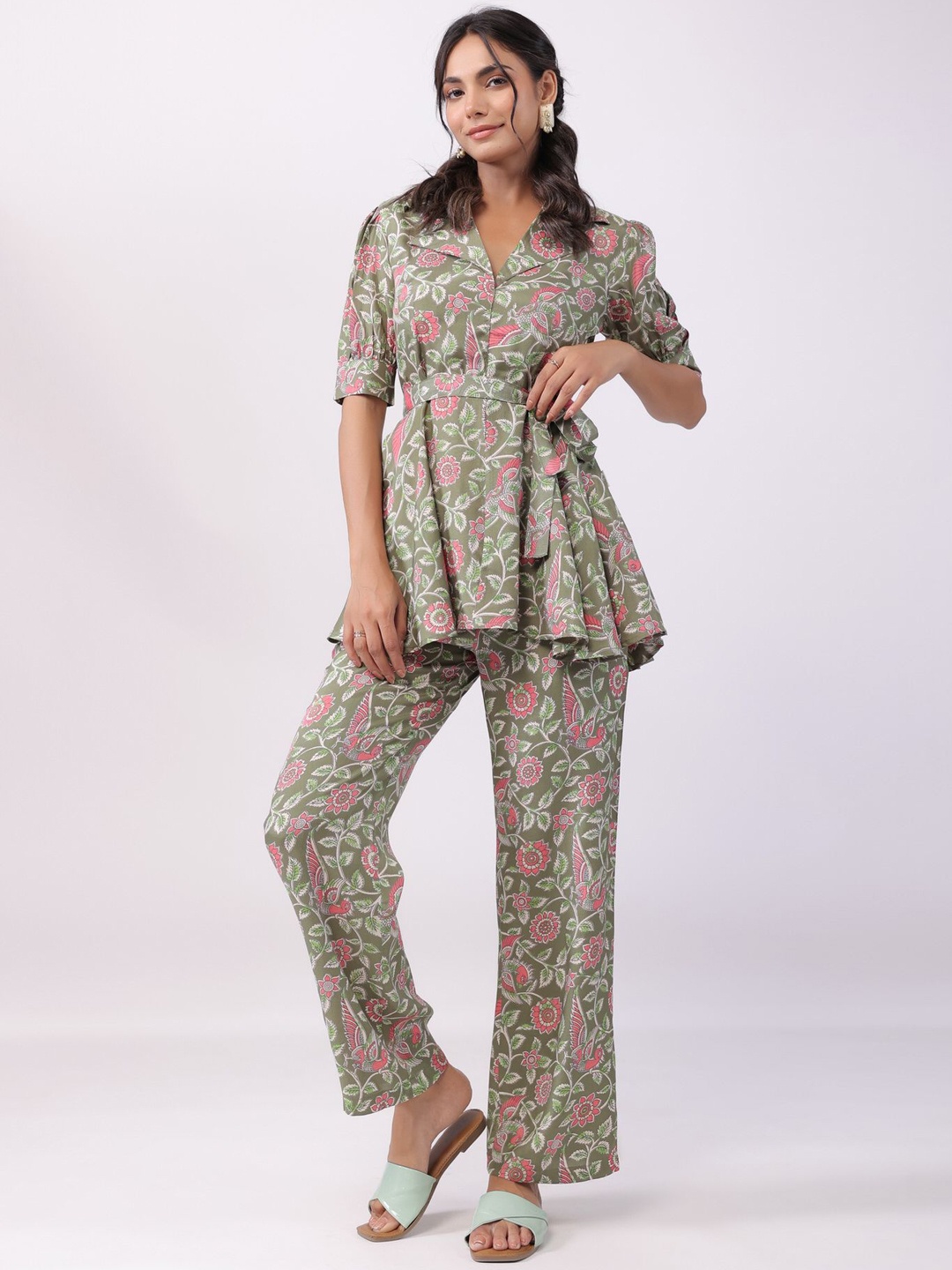 

JISORA Printed Pure Cotton Top & Flared Palazzo Co-Ords, Green