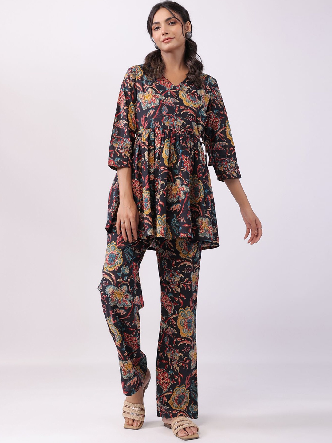 

JISORA Printed Pure Cotton Tunic With Trousers Co-Ords, Black
