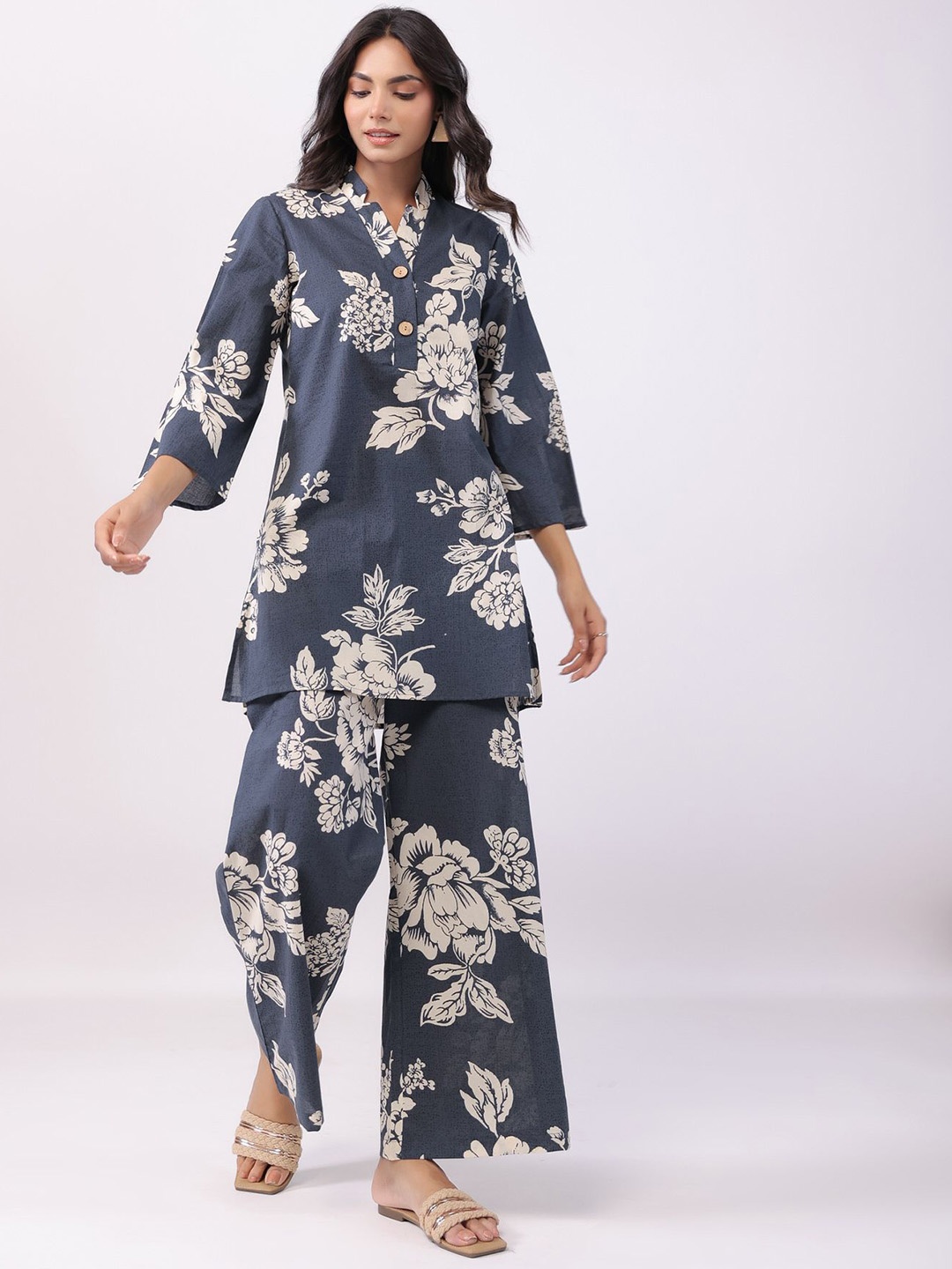 

JISORA Printed Pure Cotton Top With Palazzo Co-Ords, Grey