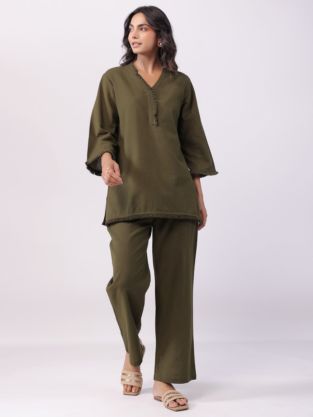 

JISORA Pure Cotton Top With Trouser Co-Ords, Olive