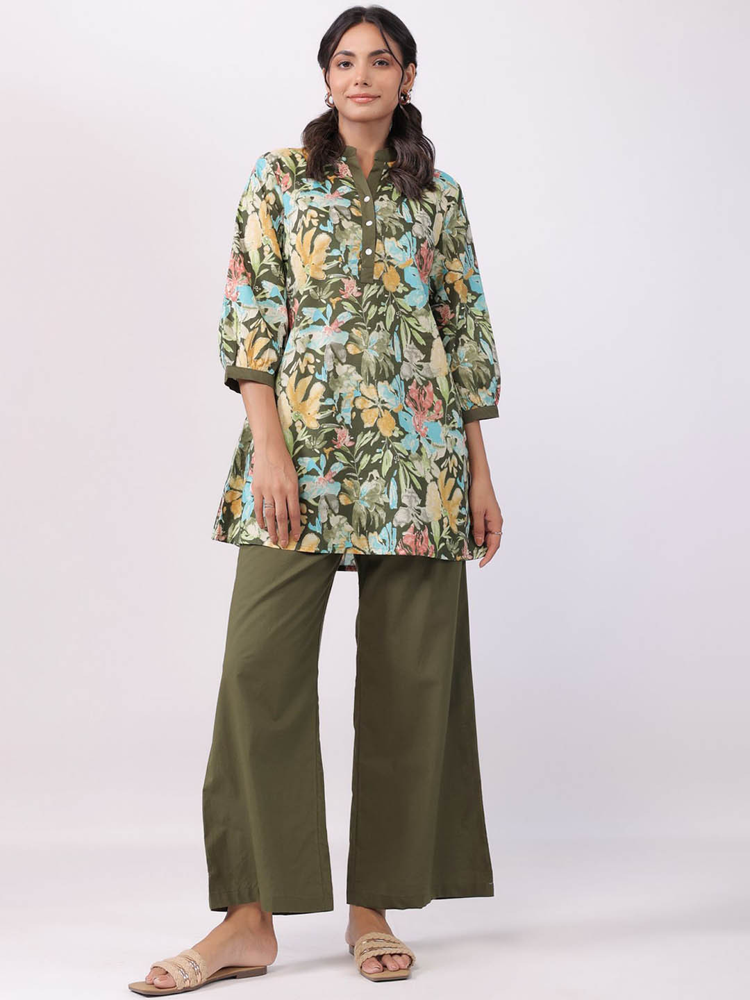 

JISORA Printed Pure Cotton Top With Trousers Co-Ords, Olive