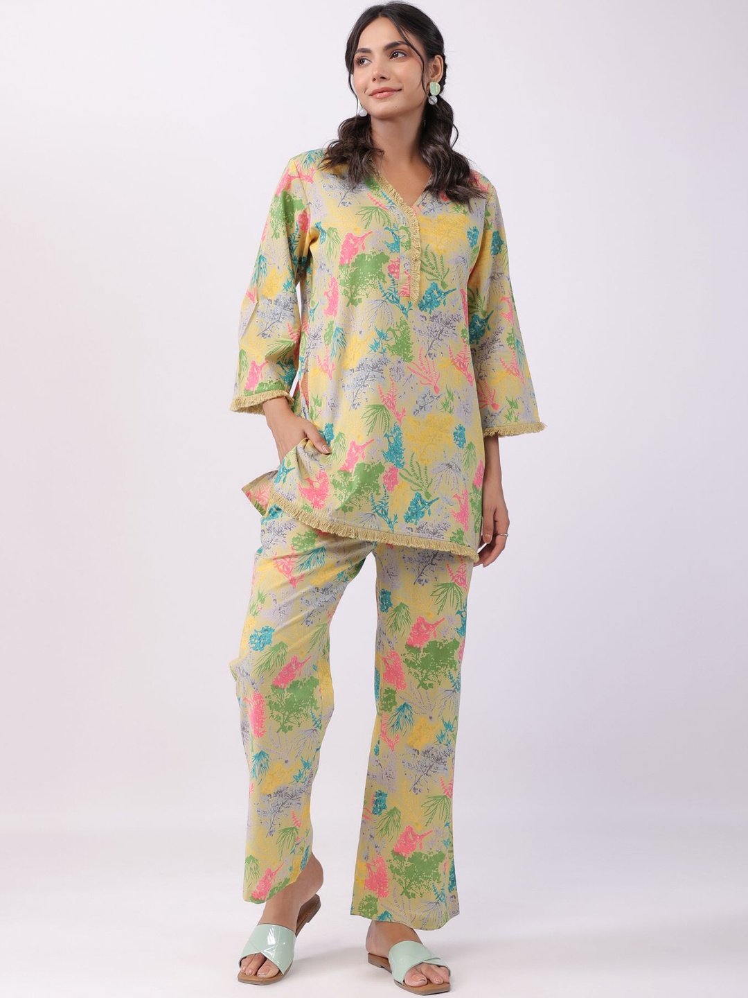 

JISORA Printed Pure Cotton Top With Trouser Co-Ords, Green