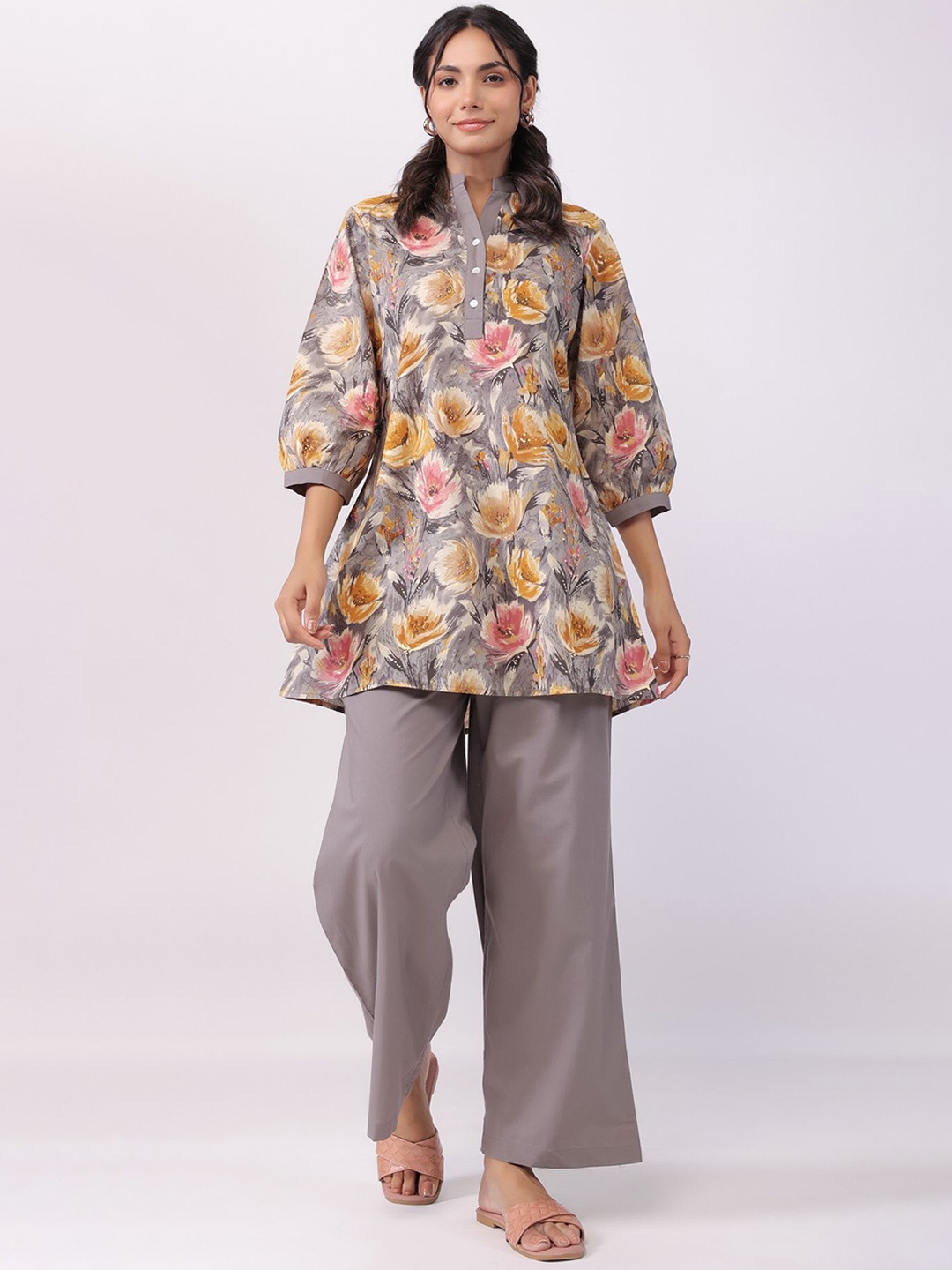 

JISORA Printed Pure Cotton Top With Palazzo Co-Ords, Grey