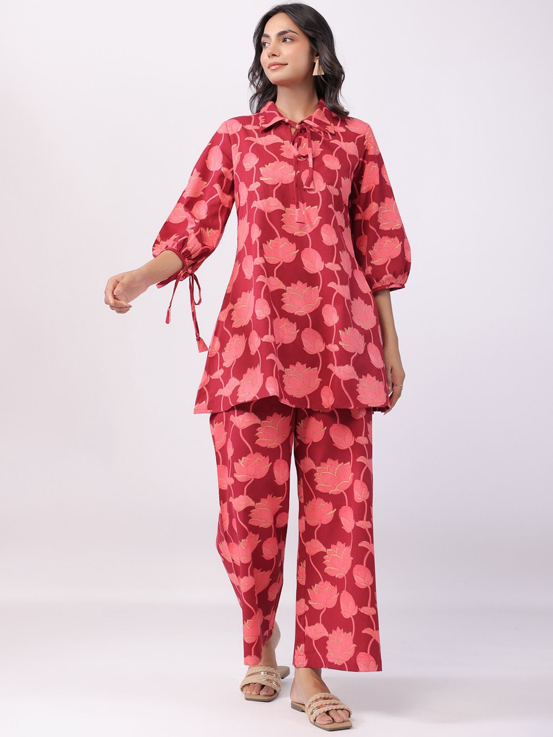 

JISORA Printed Pure Cotton Top & Palazzos Co-ords, Magenta