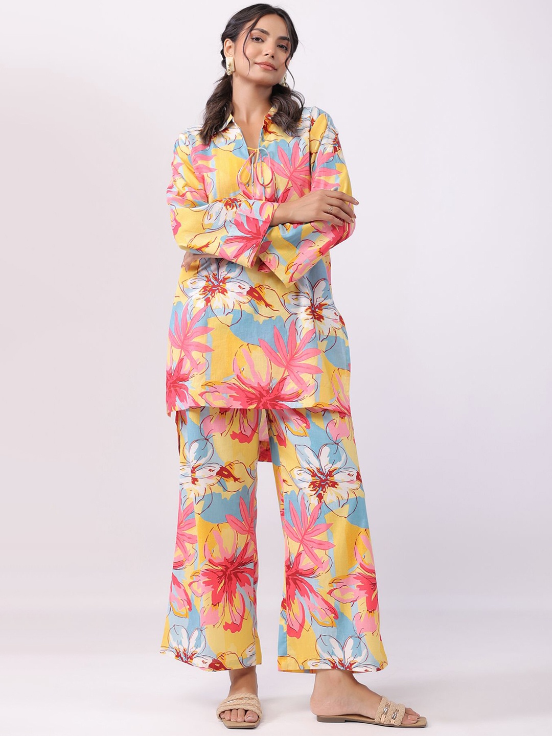 

JISORA Printed Pure Cotton Tunic With Palazzo Co-Ords, Yellow