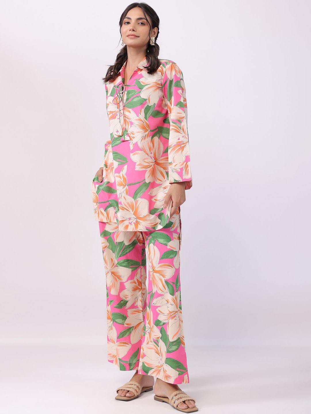 

JISORA Printed Cotton Top With Palazzo Co-Ords, Pink