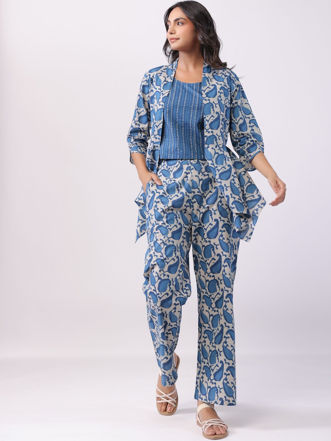 

JISORA Printed Pure Cotton Top Shrug & Trousers Co-Ords, Blue