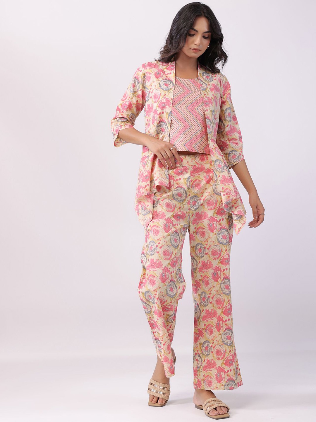 

JISORA Printed Pure Cotton Top Shrug & Palazzos Co-Ords, Beige