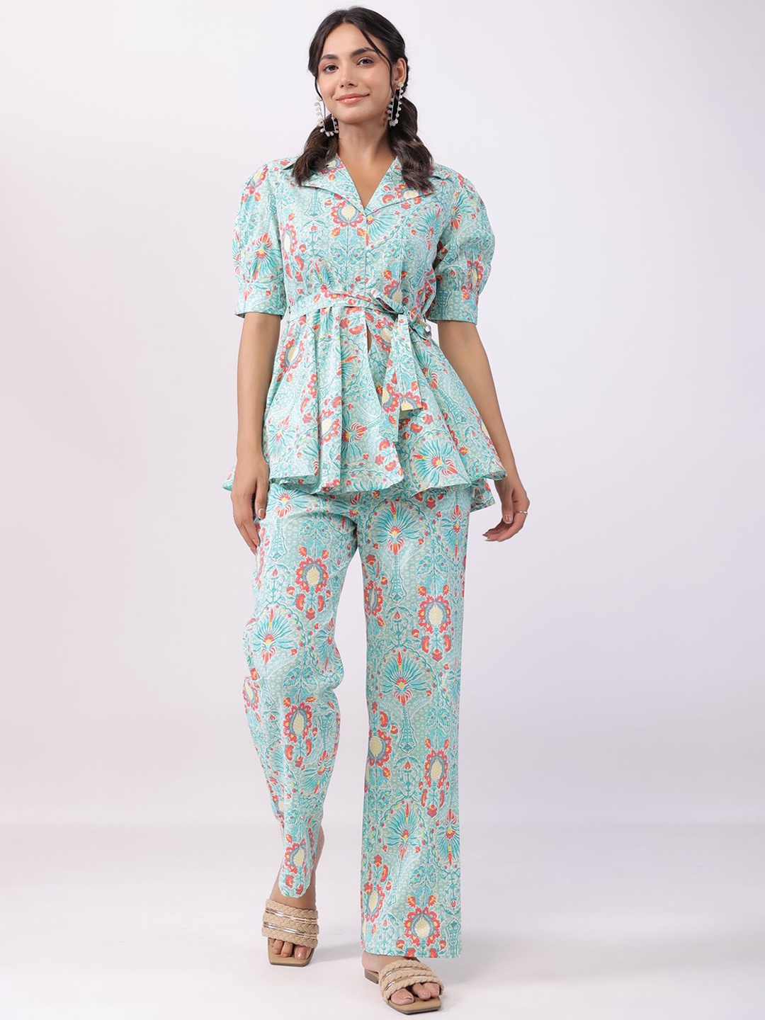 

JISORA Printed Pure Cotton Top With Palazzos Co-Ords, Blue