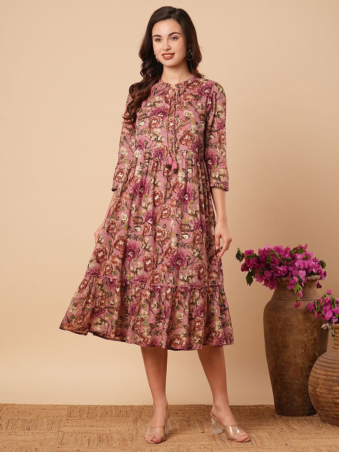 

FASHOR Floral Print Tie-Up Neck A-Line Midi Dress, Mauve