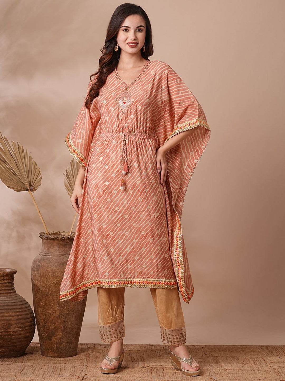 

FASHOR Ethnic Motifs Print Kimono Sleeve Kaftan Midi Dress, Peach