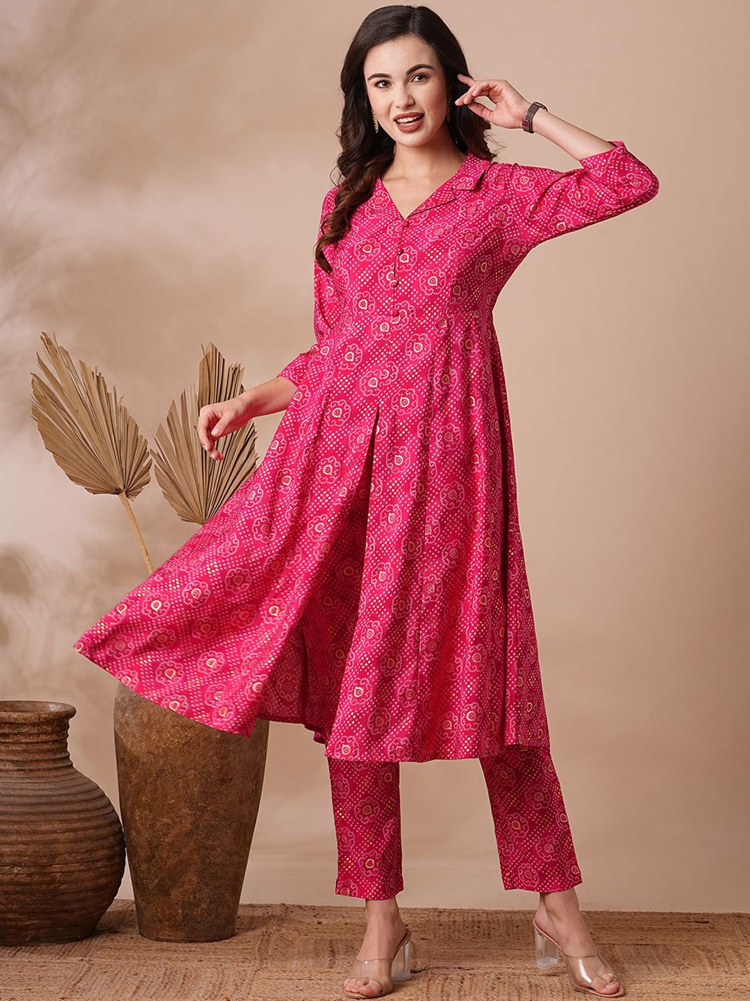 

FASHOR Printed Shirt Collar Tunic With Trousers Co-Ords, Pink