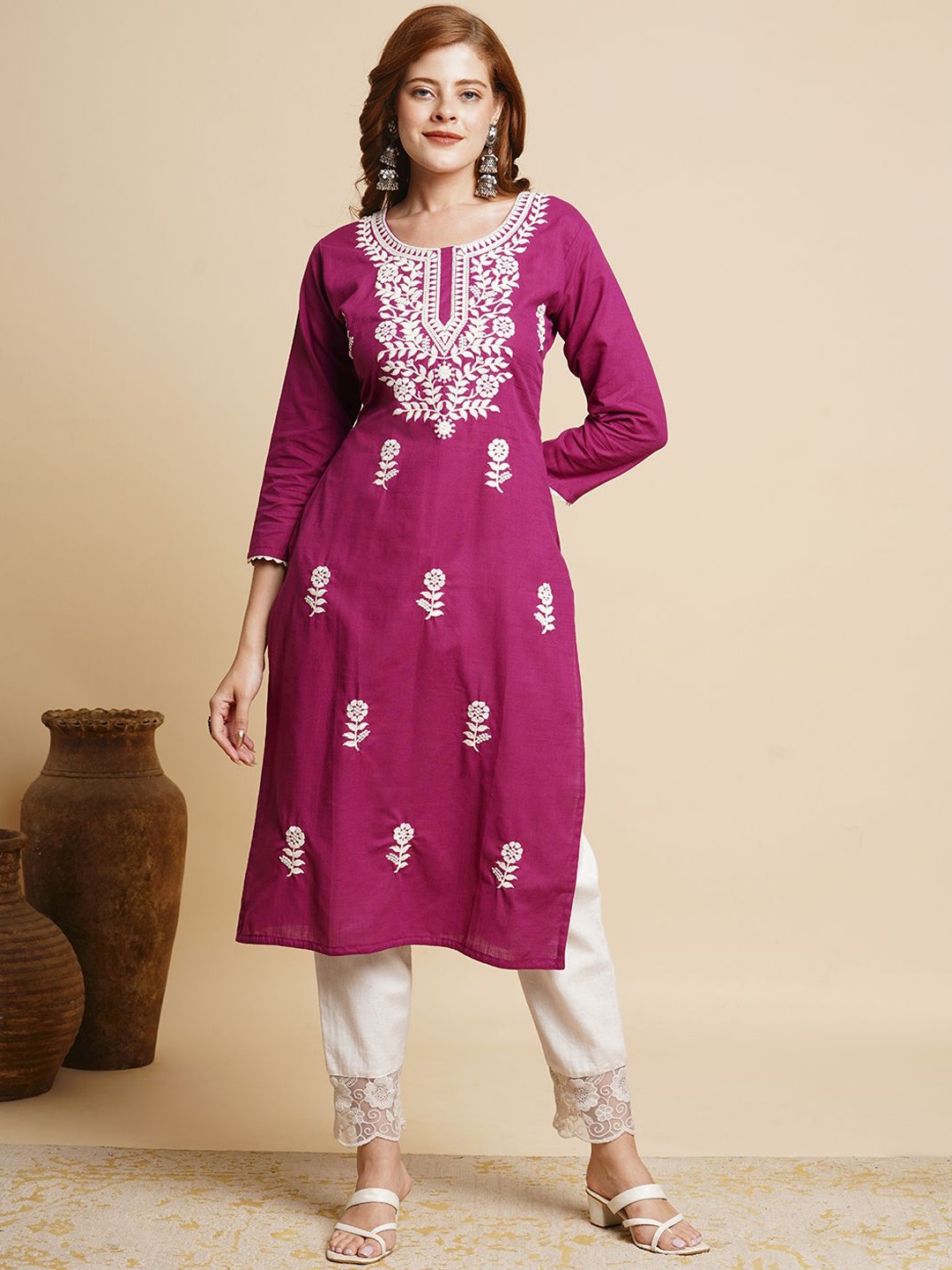 

FASHOR Women Ethnic Motifs Embroidered Flared Sleeves Thread Work Kurta, Purple