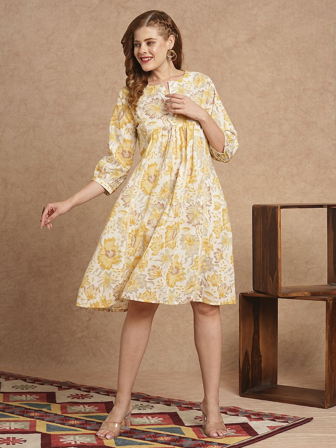 

FASHOR Floral Print A-Line Dress, Yellow