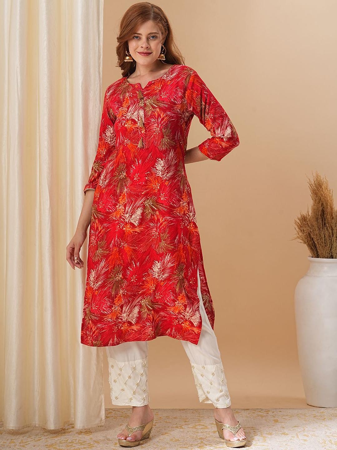 

FASHOR Women Printed Sequinned Kurta, Red