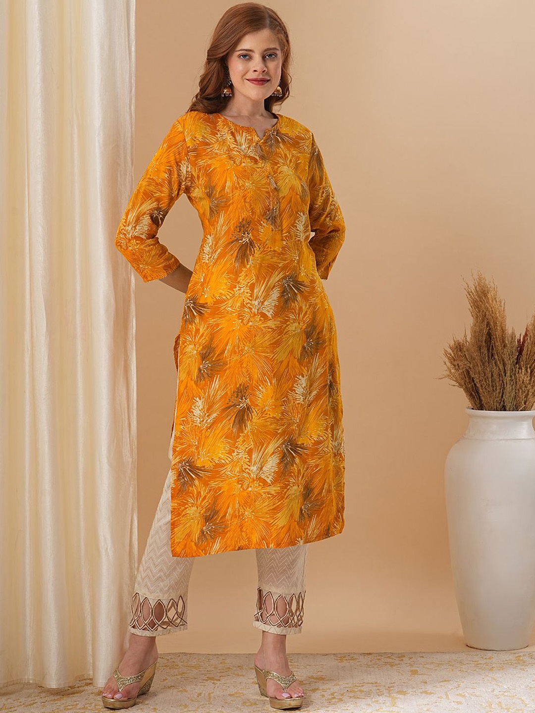 

FASHOR Women Checked Gotta Patti Kurta, Mustard
