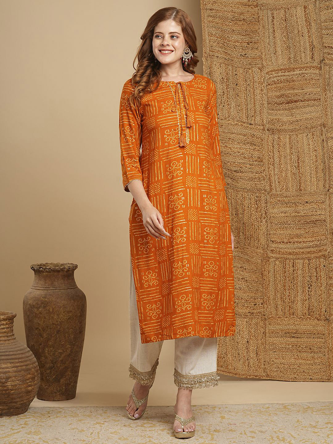 

FASHOR Women Ethnic Motifs Printed Keyhole Neck Gotta Patti Kurta, Mustard