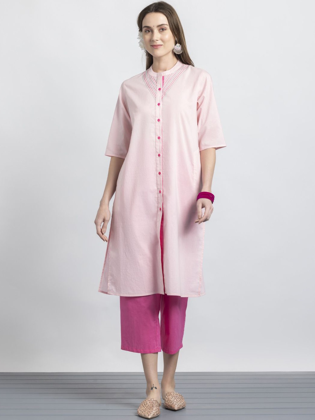 

SHAYE Women Regular Thread Work Pure Cotton Kurta with Trousers, Pink
