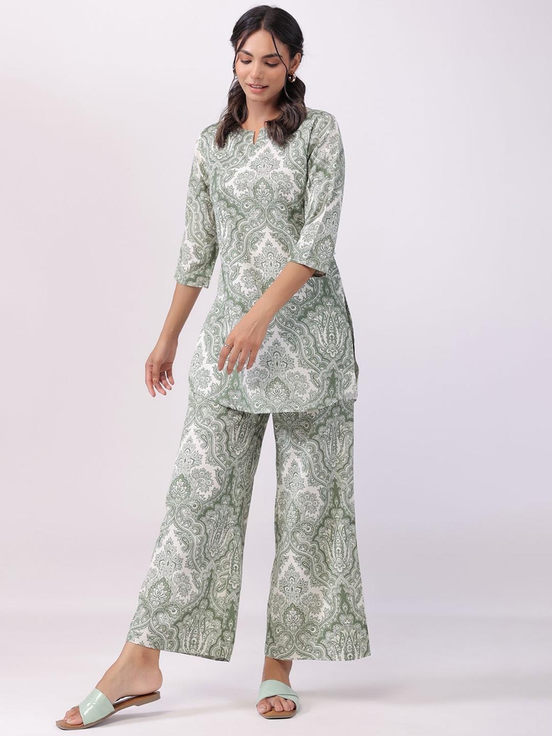 

JISORA Pure Cotton Printed Co-Ords Set, Green