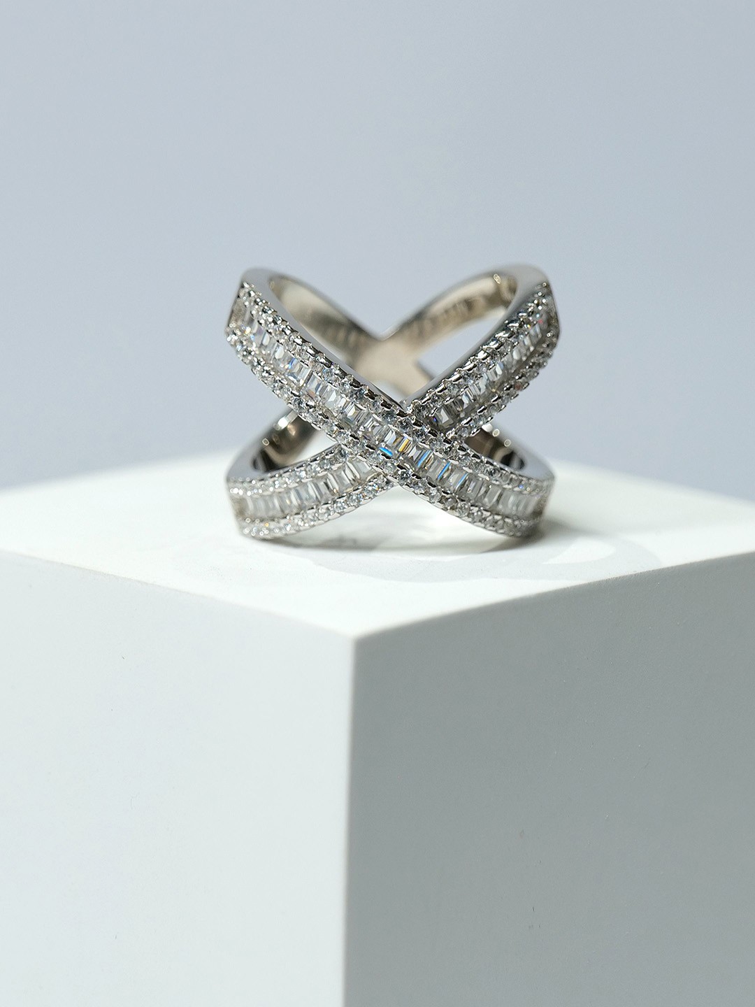 

THE WOKE COLLECTION 925 Sterling Silver Rhodium-Plated CZ Studded Ring