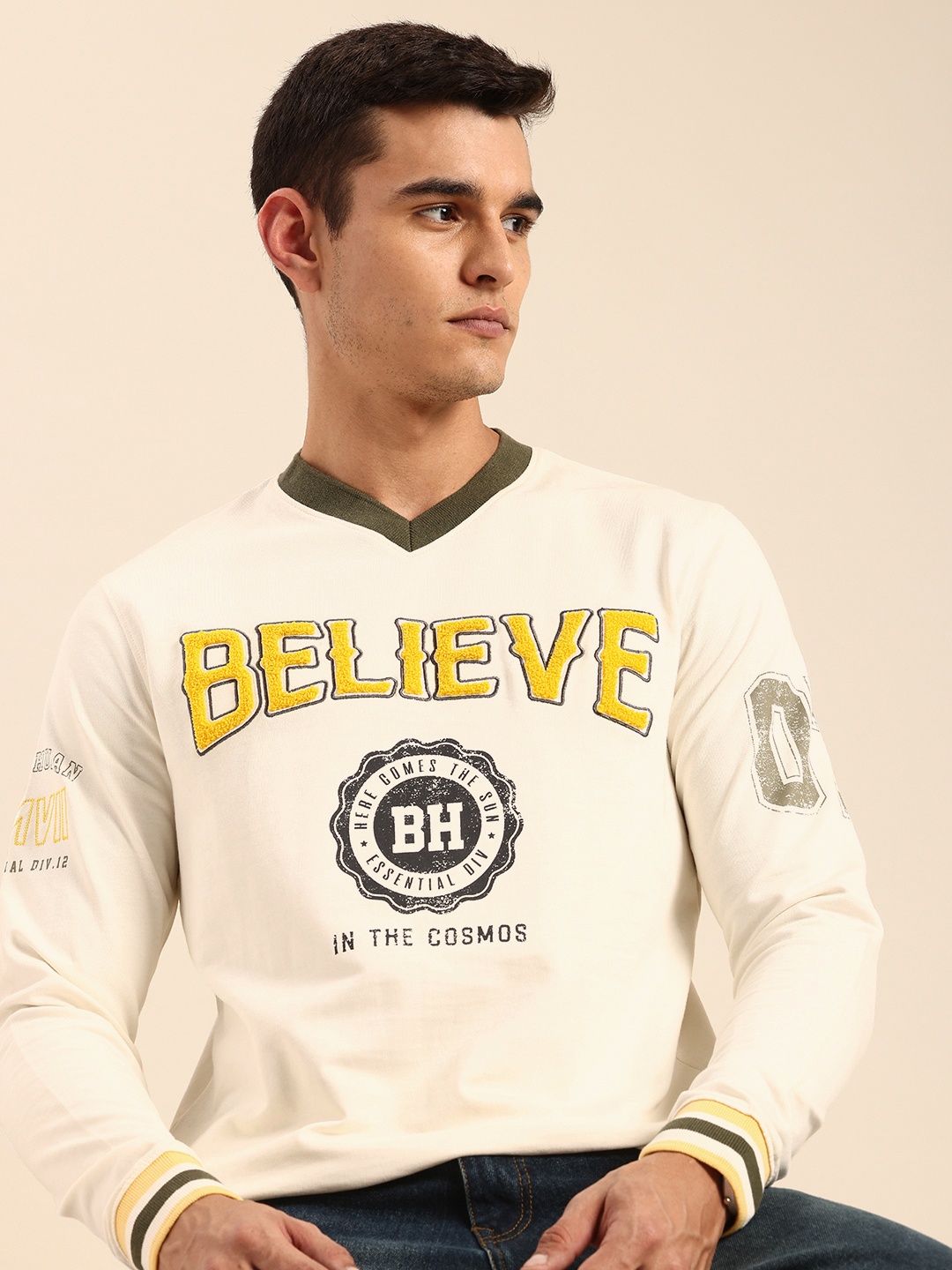 

Being Human Typography Printed V-Neck Embroidered Pure Cotton Sweatshirt, Off white