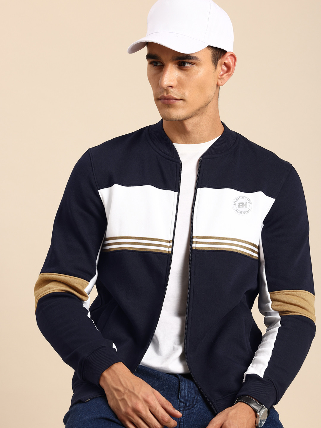 

Being Human Mandarin Collar Colourblocked Sweatshirt, Navy blue